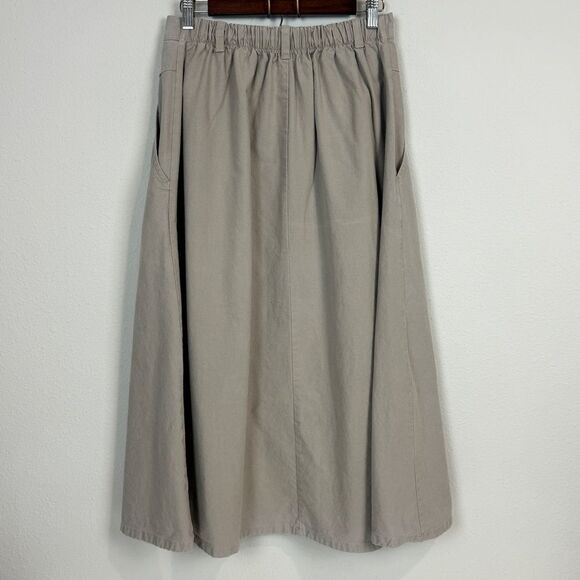 VTG Cherokee Tan Button Front Full Midi Skirt Elastic Waist Back M/L - Picture 6 of 9
